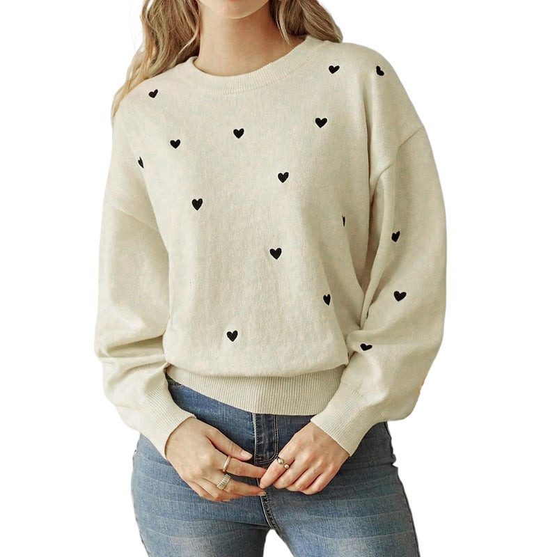 Women's Valentine's Day Heart Print Round Neck Sweater