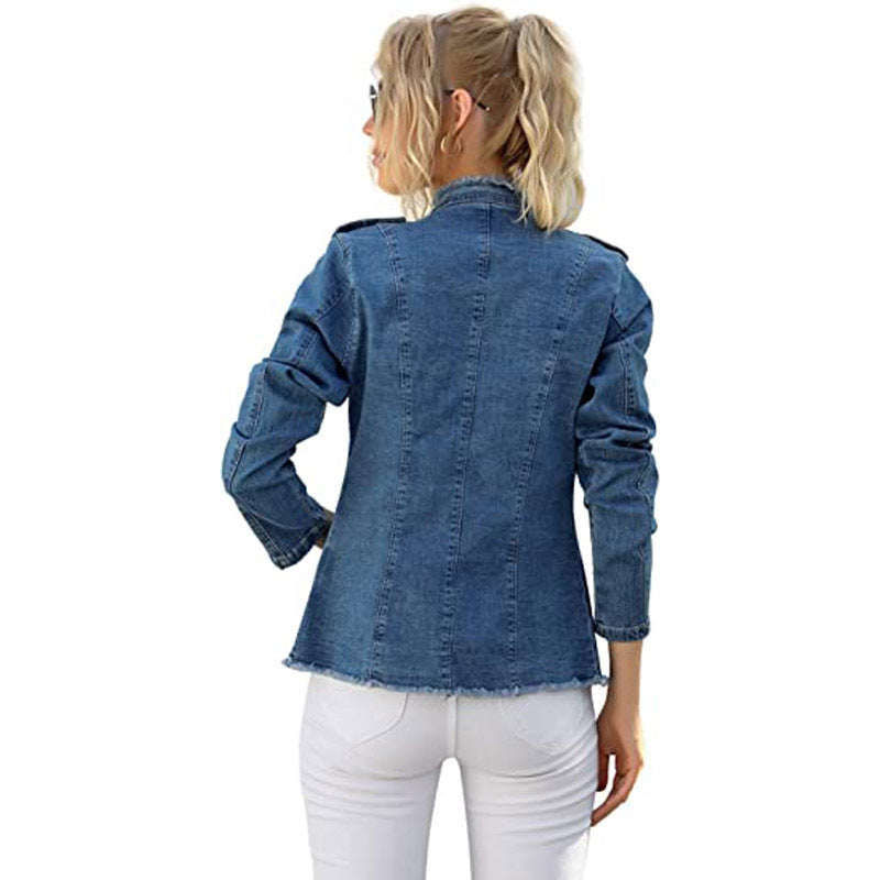 Blue Raw Trim Long Sleeves Single Breasted Button Denim Jacket