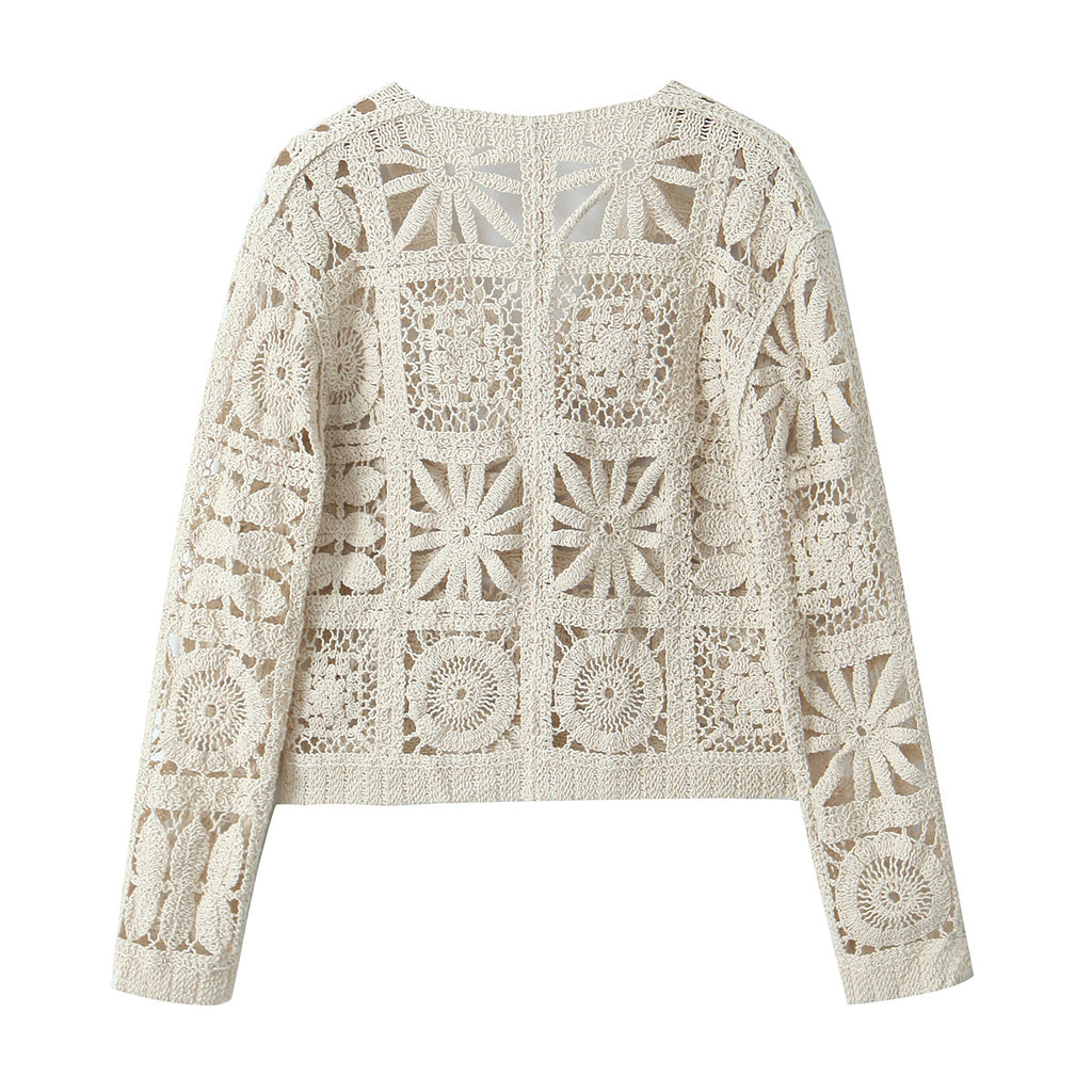 Beige Hollow Crochet Knitted Coverup Top