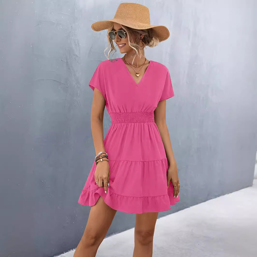 Short Sleeves V Neck Smock Waist Tiered Ruffled Dress