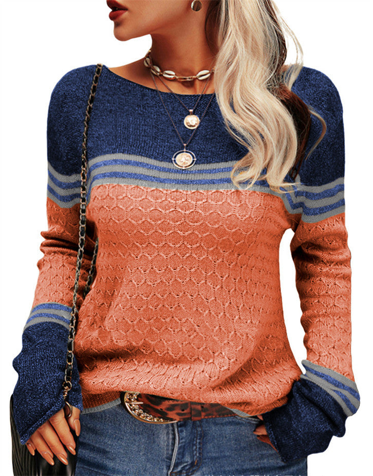 Colorblock Pullover Sweaters Round Neck Striped Slim Fitting Knitwear