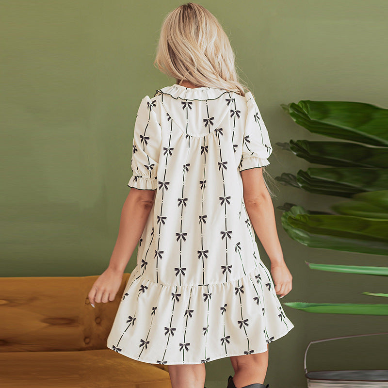 Frill Bow Print Half Sleeve Mini Dress