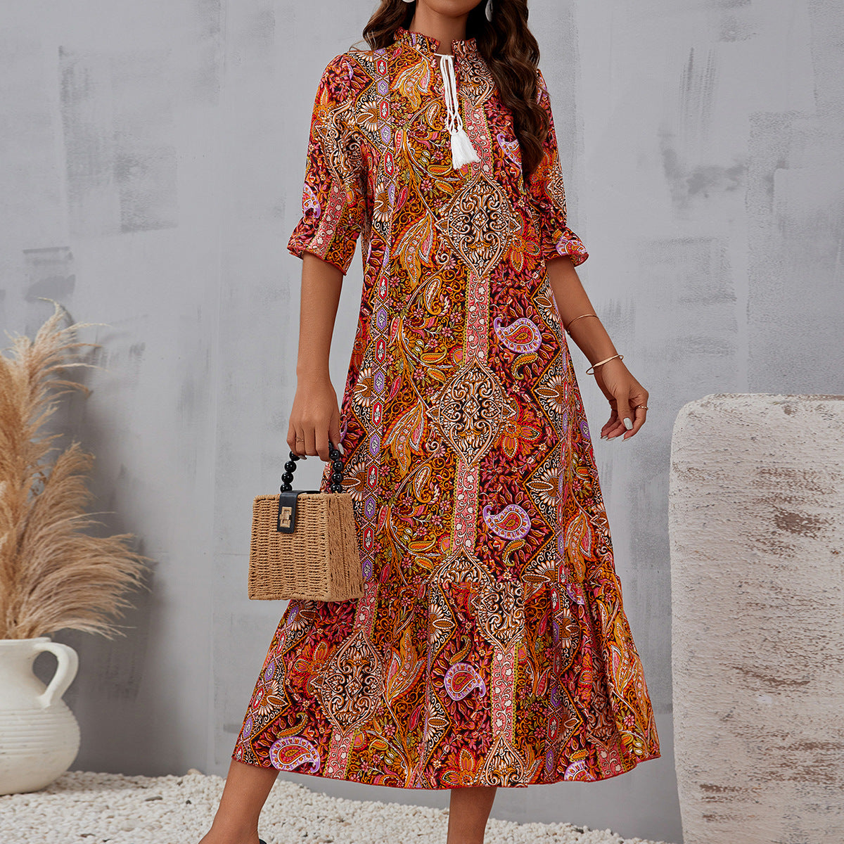 Boho Print Half Sleeves Loose Midi Dress