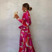 Load image into Gallery viewer, Long Sleeve Printed Tie-up Waist Slit Maxi Dress
