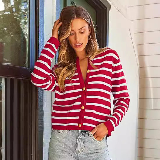 Casual Stripe Buttons Round Neck Cardigan