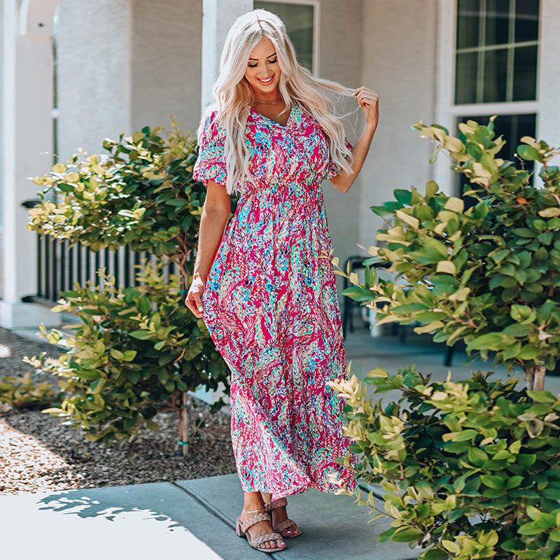 Wrap V Neck Floral Maxi Dress