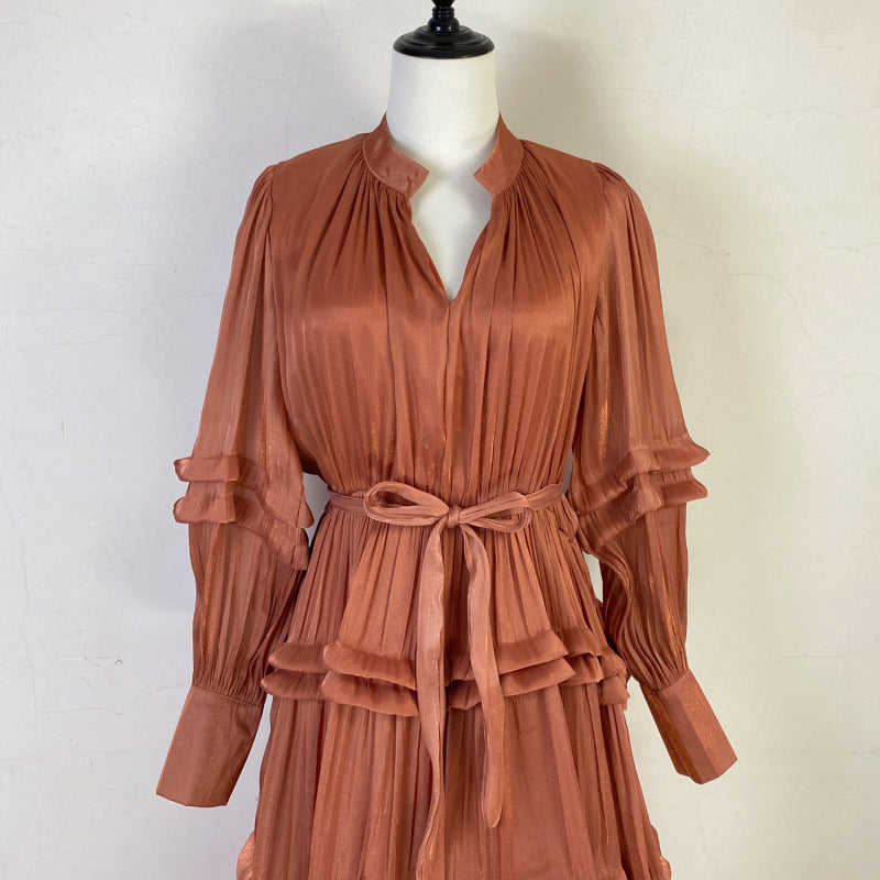 Elegant Lantern Long Sleeves V-Neck Pleated Tiered Maxi Dress