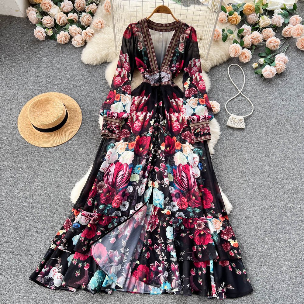 Elegant Chiffon Mesh Long Sleeve Floral Maxi Dress
