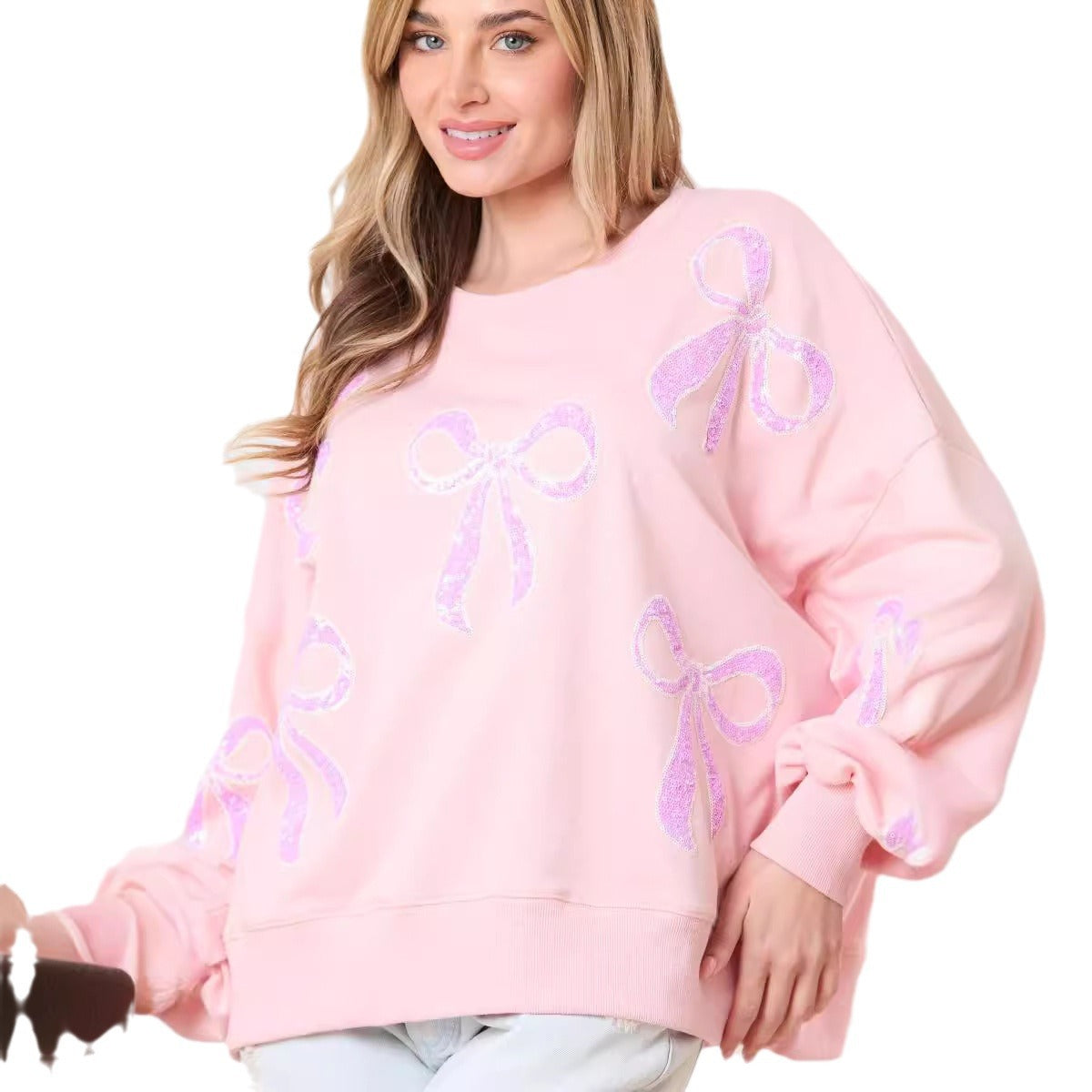 Pink Bow Sequins Long Sleeve Sweatshirt