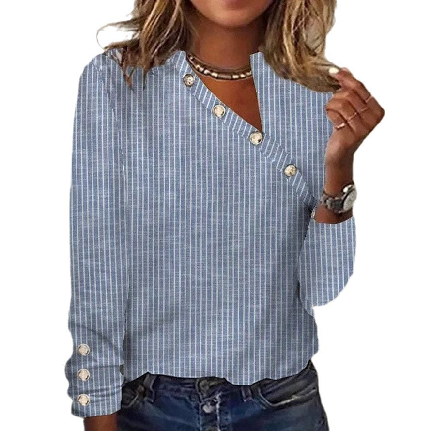 Blue Stripped Buttons Long Sleeves Blouse