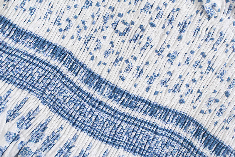 Blue Straps Printed Smocked Midi Dress