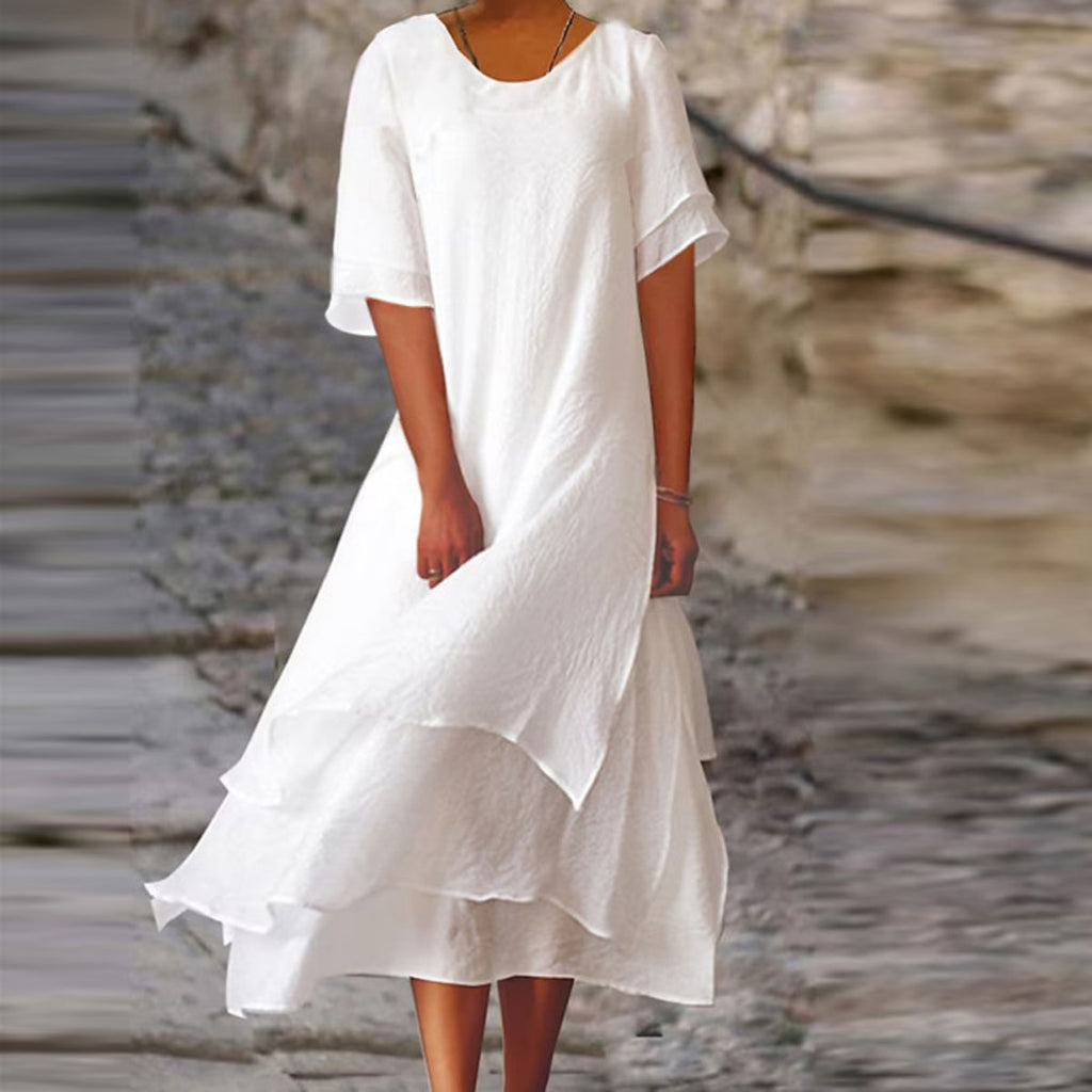 Cotton and Linen Contrasting Double Layer Vintage Midi Dress