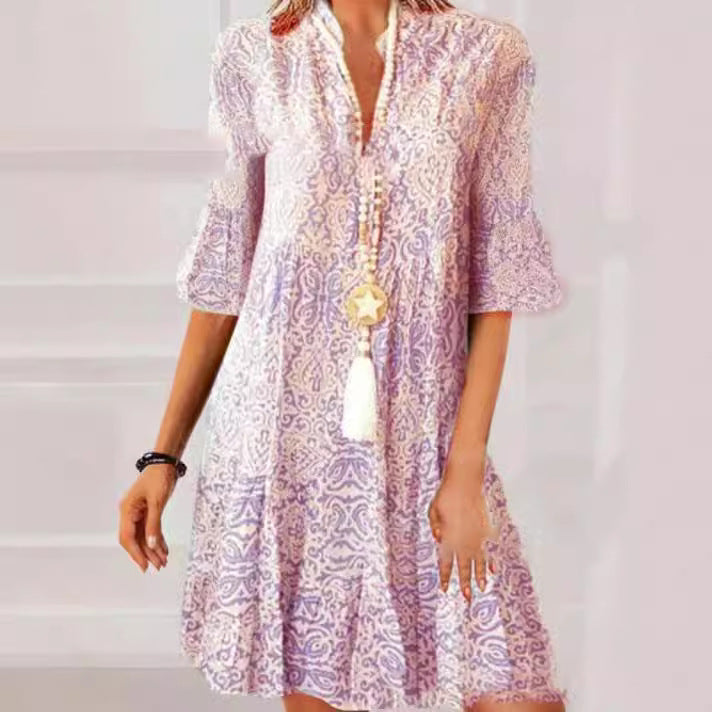 Blue Printed Buttons Front Bell Sleeve Mini Dress