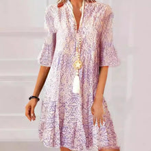 Load image into Gallery viewer, Blue Printed Buttons Front Bell Sleeve Mini Dress
