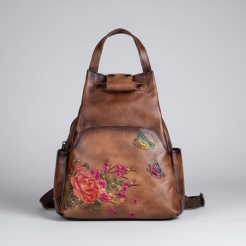 Floral Butterfly Embossed Leather Handbag  Women Backpack