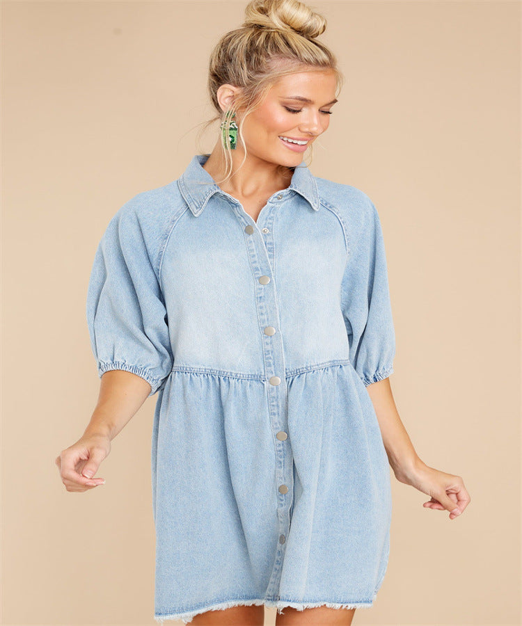 Collar Buttons Down Raw Hem Half Sleeve Mini Denim Dress