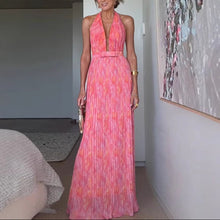 Load image into Gallery viewer, Pink Halter Pleated Printed Vacation Party Maxi Dress
