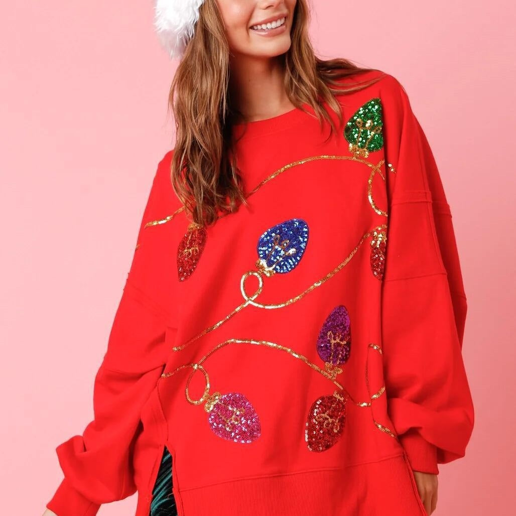 Christmas Lights Sequin Long Sleeve Slit Pullover Sweatshirt