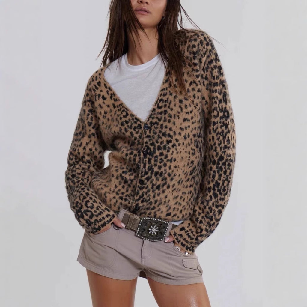 Casual Knit Leopard Print Long Sleeve V Neck Button Down Sweater Cardigan