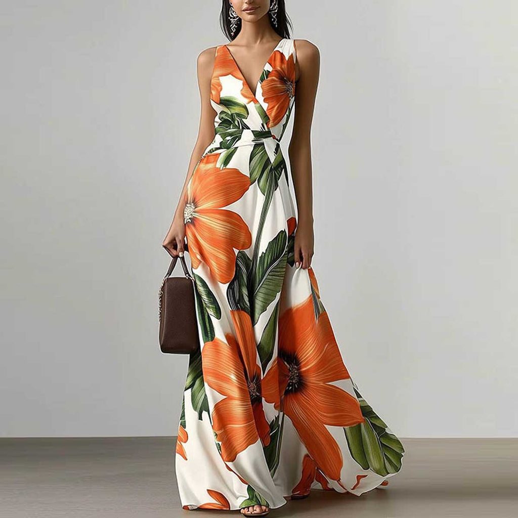 Classic V Neck Sleeveless Floral A-Line Maxi Dress
