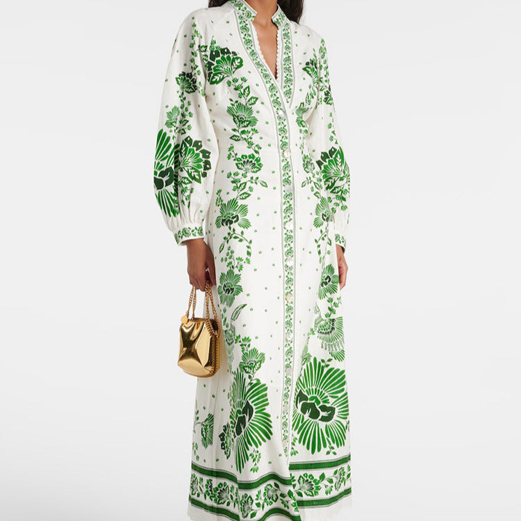 Forest Soul Unique Print Button Down Long Sleeve Shirt Maxi Dress