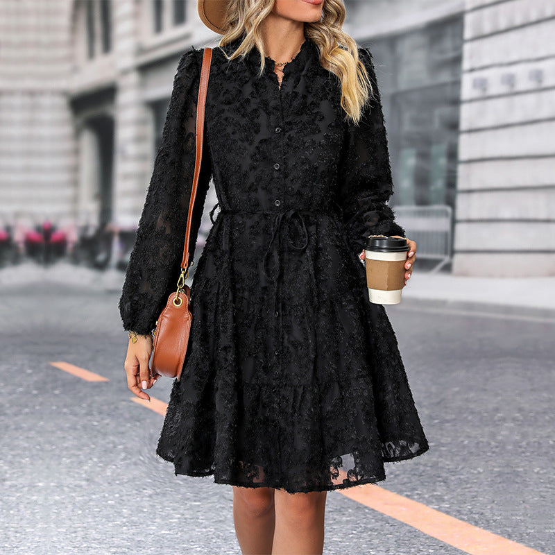 Standing Neck Long Sleeve Lace Jacquard Midi Dress