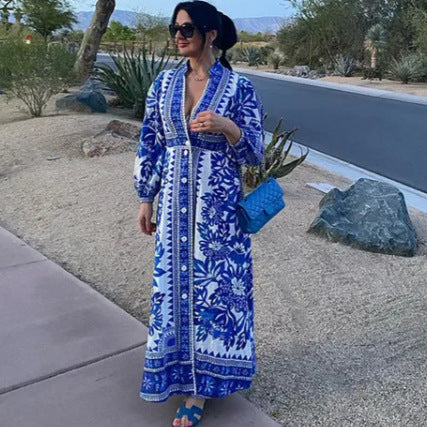 Forest Soul Unique Print Button Down Long Sleeve Shirt Maxi Dress