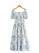 Load image into Gallery viewer, Light Blue Floral Print Short Sleeve Smocked Midi Dress
