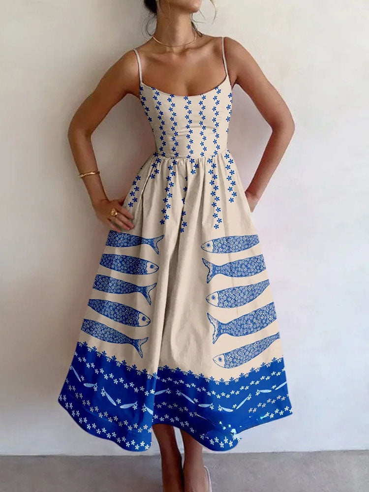Flowy Spaghetti Straps Fish Printed Resort Midi Dress