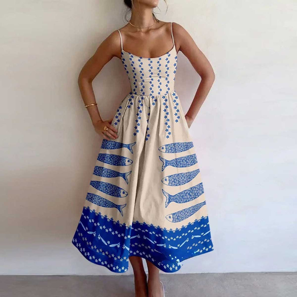 Flowy Spaghetti Straps Fish Printed Resort Midi Dress