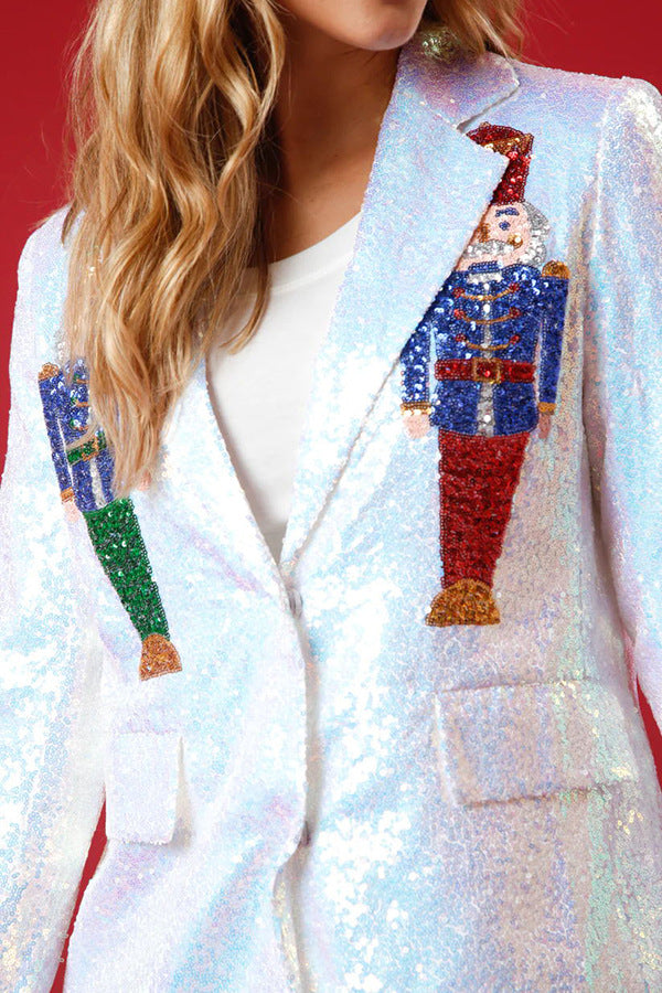 Casual Christmas Nutcracker Sequins Turn-back Collar Blazer Outerwear