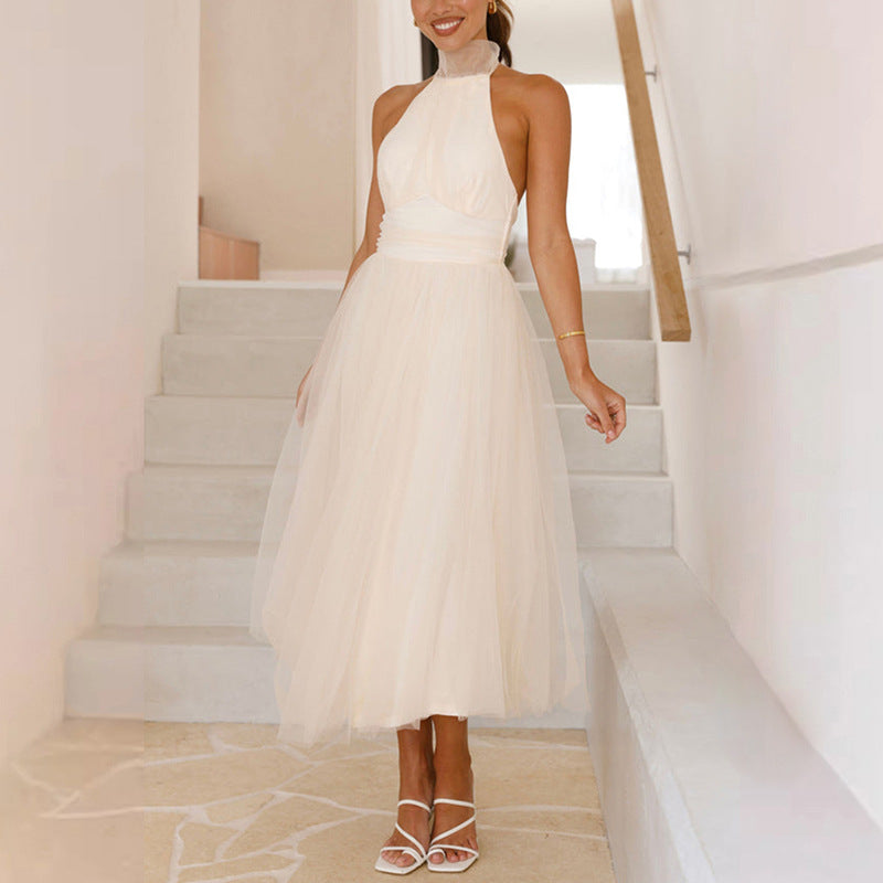 Beige Sexy Lace Up Backless Halter Princess Tulle Midi Dress