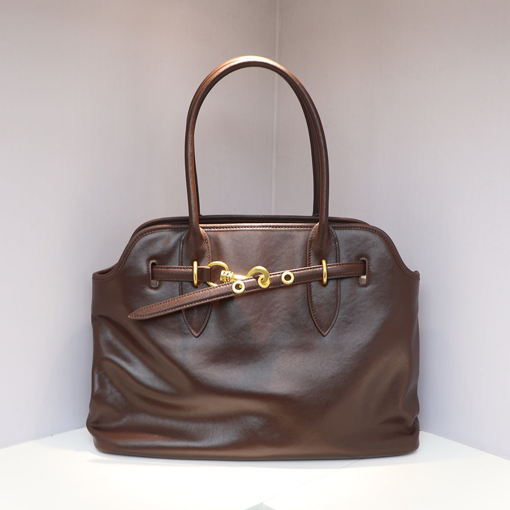 Top Grain Large Leather Tote Bag With Drawstring Buckle