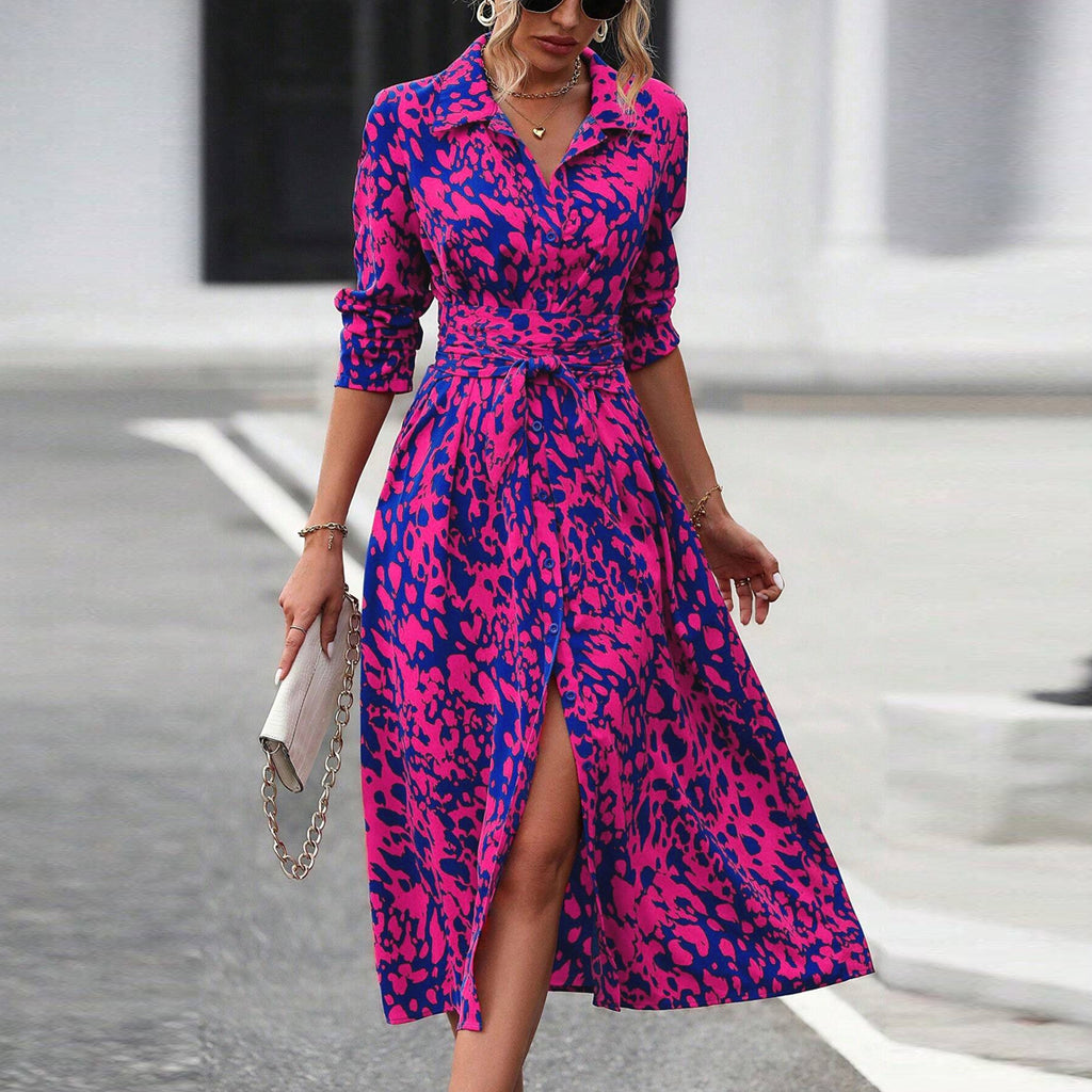 Elegant Long Sleeve Cinched Waist Allover Print Button Down Midi Dress