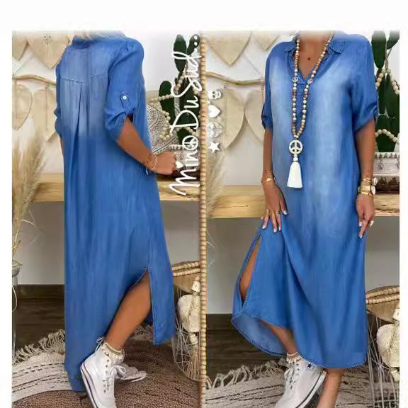Washe Collar Maxi Denim Dress