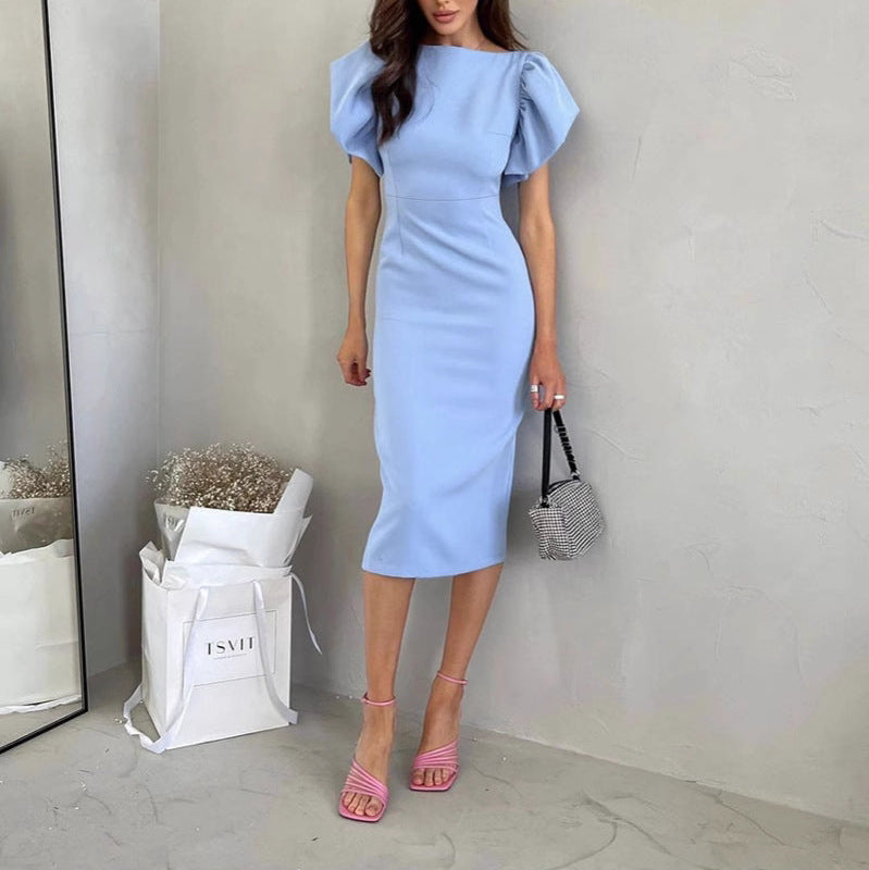 Cute Elegant Solid Flounce Slit Round Neck Wrapped Midi Dress