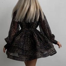 Load image into Gallery viewer, Black Long Sleeves Leopard Tiered Chiffon Mini Dress

