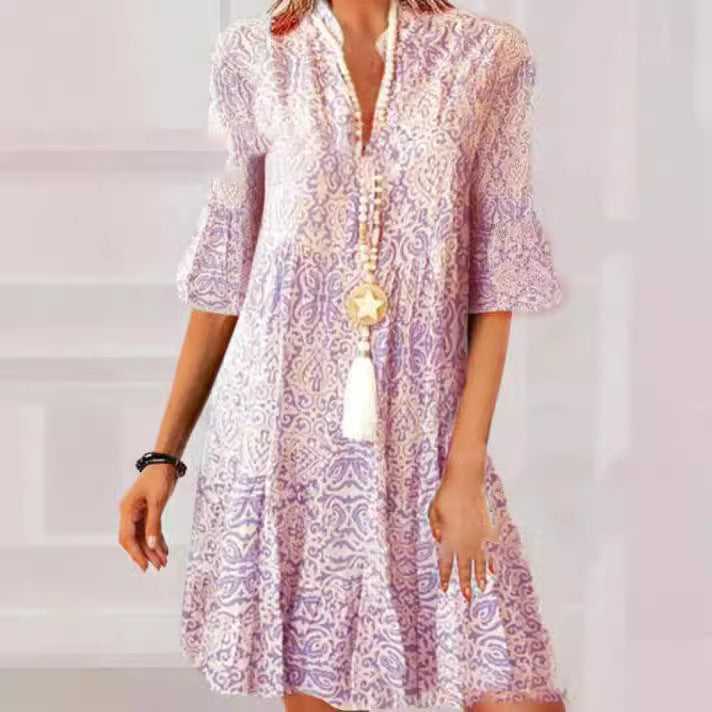 Blue Printed Buttons Front Bell Sleeve Mini Dress