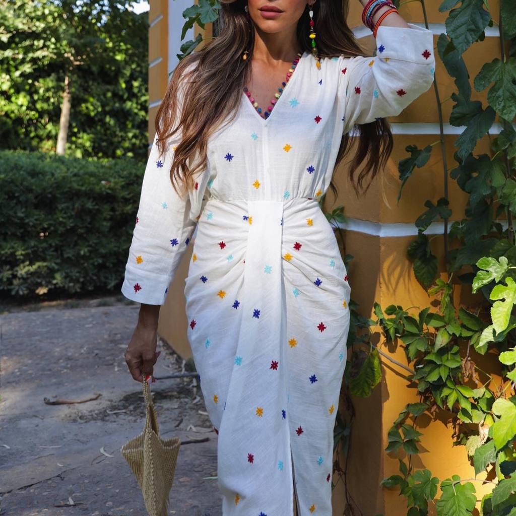 White V-neck Embroidery Long Sleeve Midi Dress