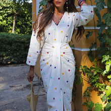 Load image into Gallery viewer, White V-neck Embroidery Long Sleeve Midi Dress
