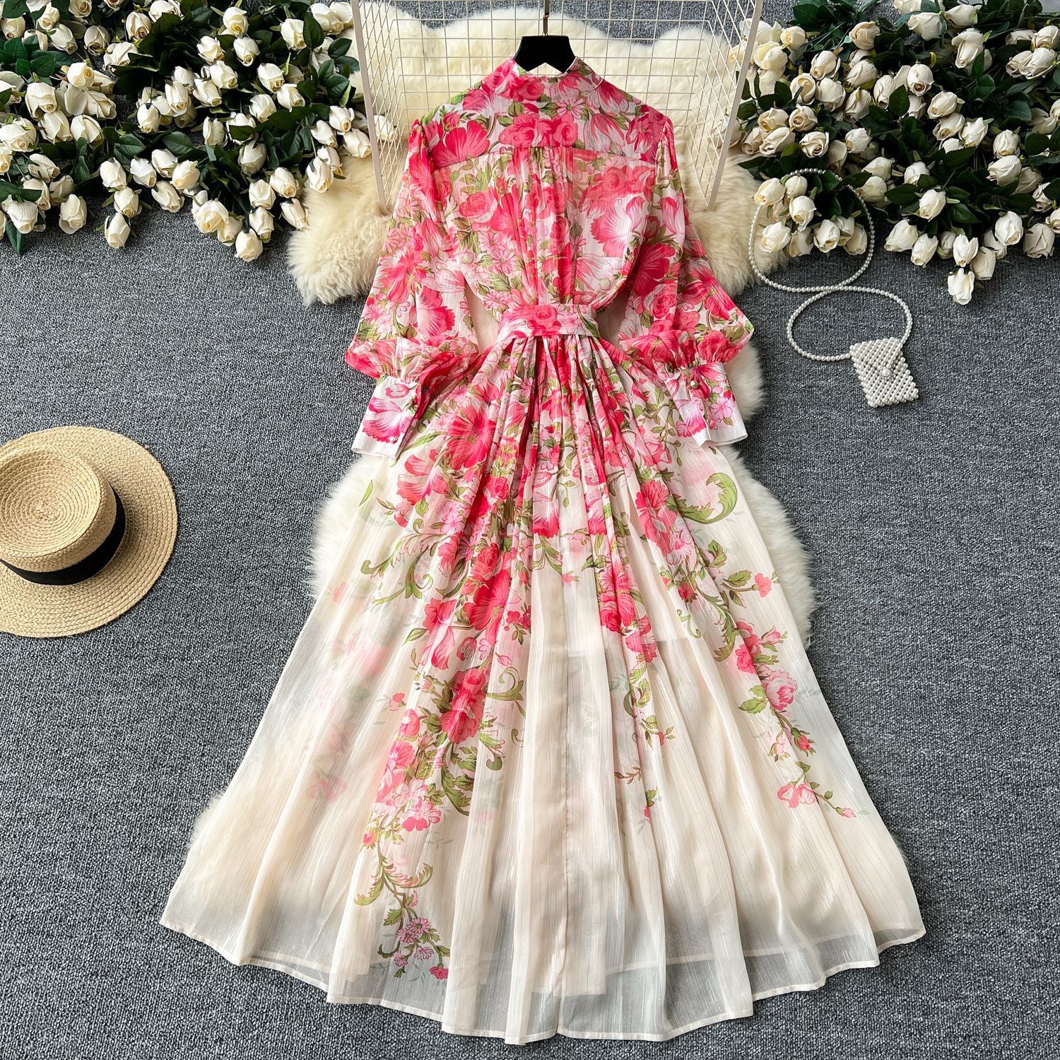 Floral Long Sleeves Buttons Down Maxi Dress