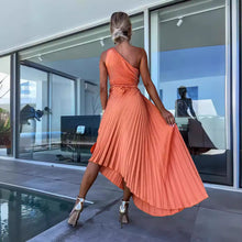 Load image into Gallery viewer, One Shoulder Asymmetrical Pleated Midi Dress
