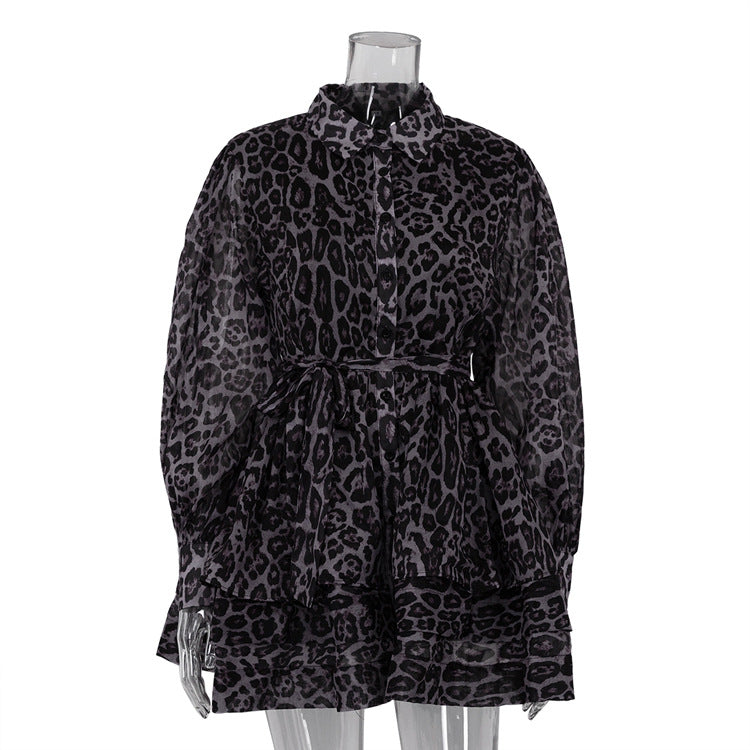 Black Long Sleeves Leopard Tiered Chiffon Mini Dress