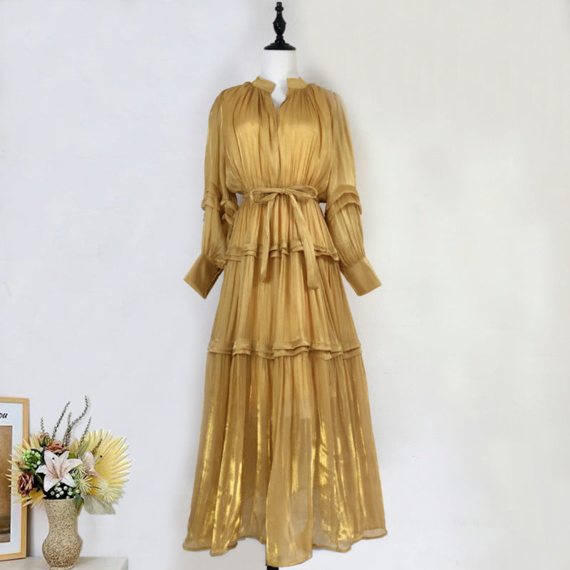 Elegant Lantern Long Sleeves V-Neck Pleated Tiered Maxi Dress