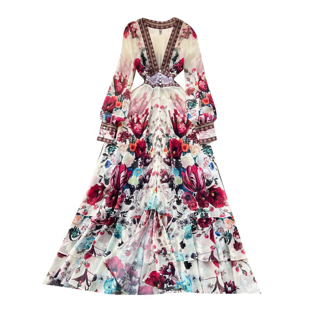 Elegant Chiffon Mesh Long Sleeve Floral Maxi Dress