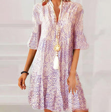 Load image into Gallery viewer, Blue Printed Buttons Front Bell Sleeve Mini Dress
