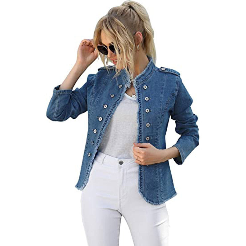 Blue Raw Trim Long Sleeves Single Breasted Button Denim Jacket