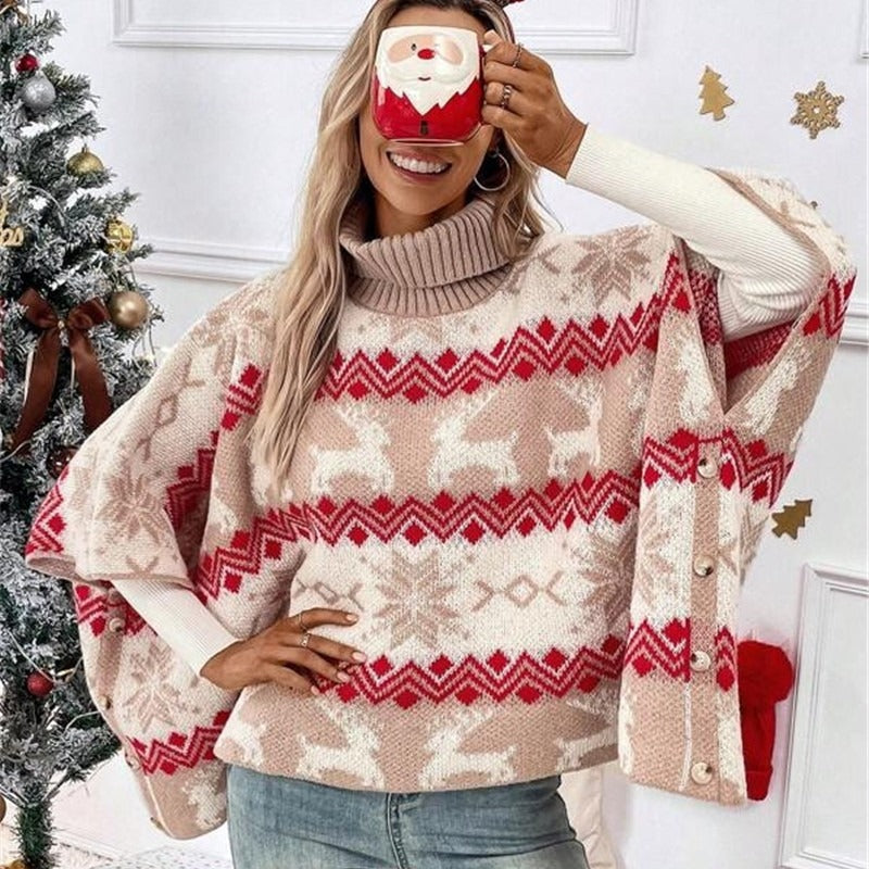 Turtleneck Christmas Elk Contrast Pattern Bat Sleeve Sweater