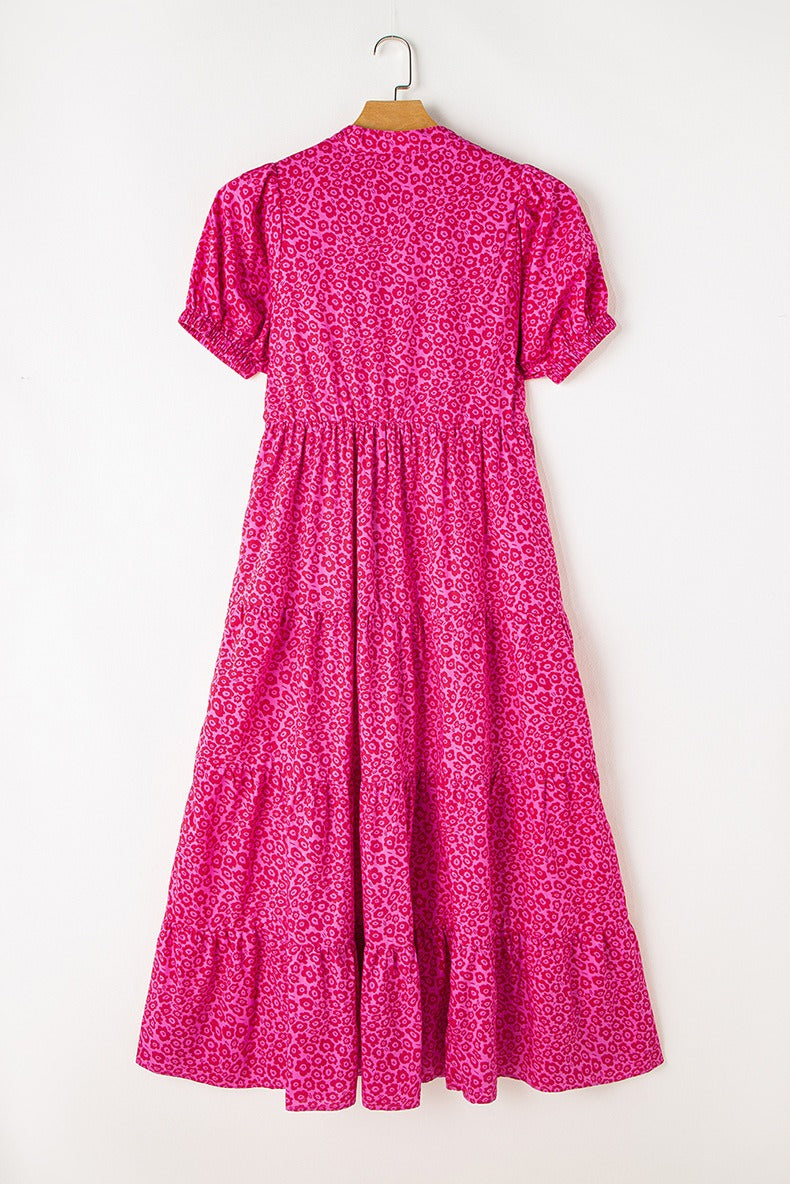 Hot Pink Floral Mock Neck Puff Sleeve Tiered Midi Dress