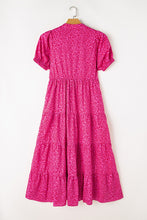 Load image into Gallery viewer, Hot Pink Floral Mock Neck Puff Sleeve Tiered Midi Dress
